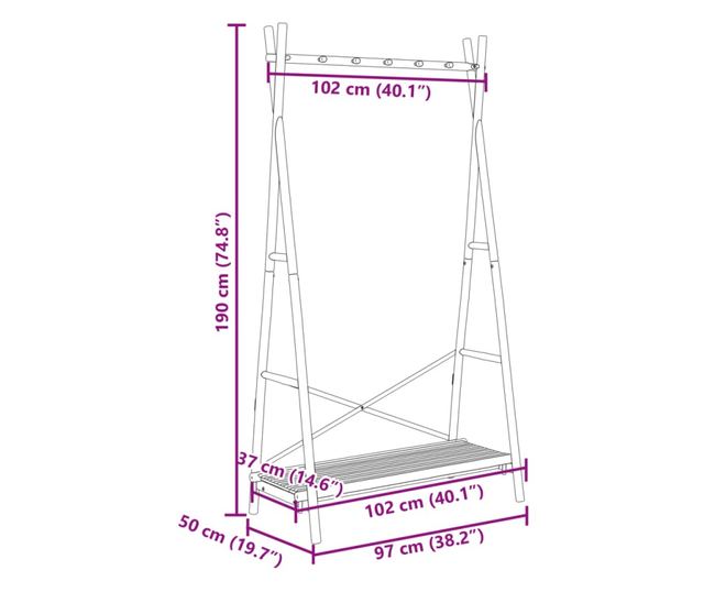 bambusz ruhaállvány polccal 102 x 50 x 190 cm