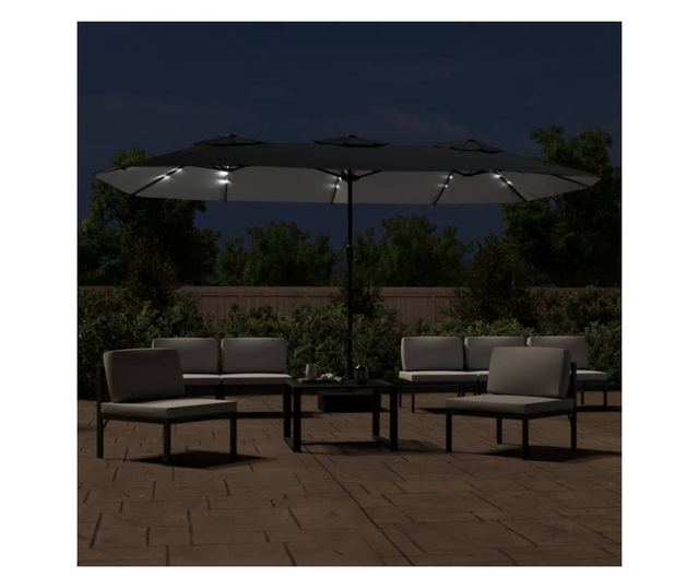 Двоен чадър за слънце с LED осветление, черен, 449x245 см