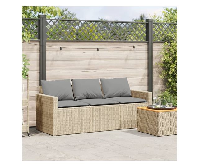 3 személyes bézs polyrattan kerti kanapé párnával