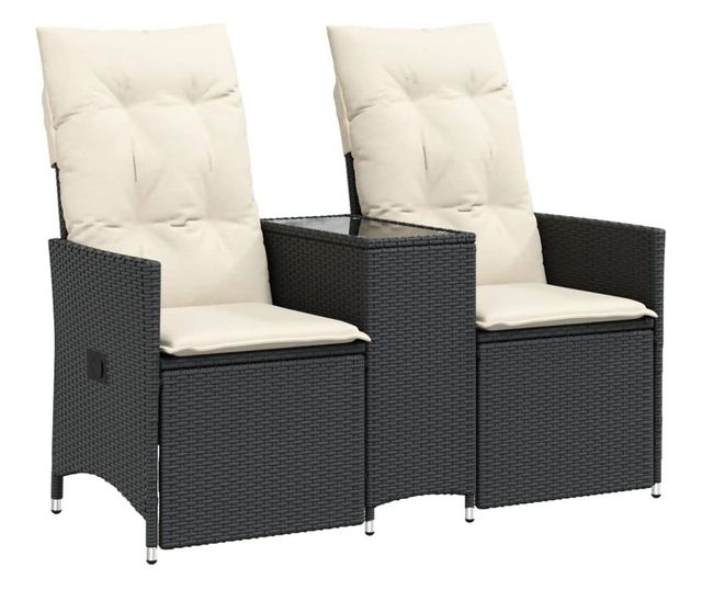 2 személyes fekete polyrattan dönthető kerti kanapé asztallal