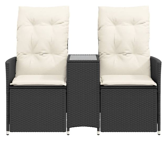 2 személyes fekete polyrattan dönthető kerti kanapé asztallal