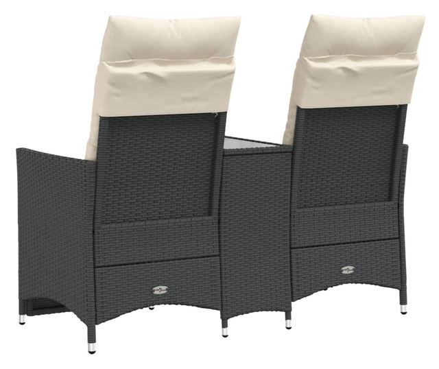 2 személyes fekete polyrattan dönthető kerti kanapé asztallal