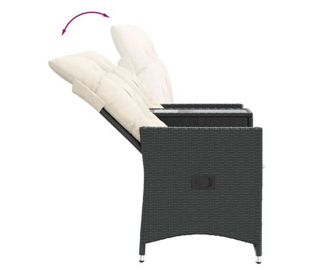 2 személyes fekete polyrattan dönthető kerti kanapé asztallal