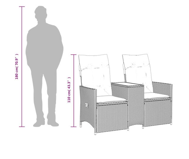 2 személyes fekete polyrattan dönthető kerti kanapé asztallal