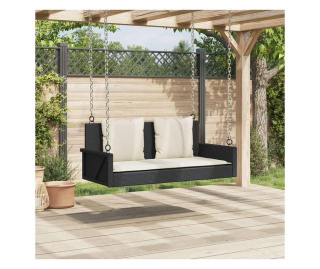 fekete polyrattan hintapad párnával 119 x 56 x 48 cm