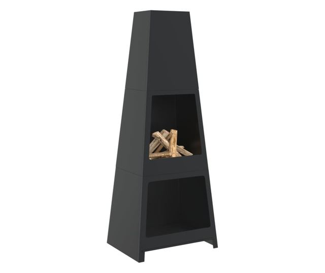 fekete acél kültéri toronykandalló tűzifatartóval