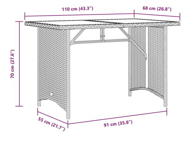 barna polyrattan üveglapos kerti asztal 110x68x70 cm