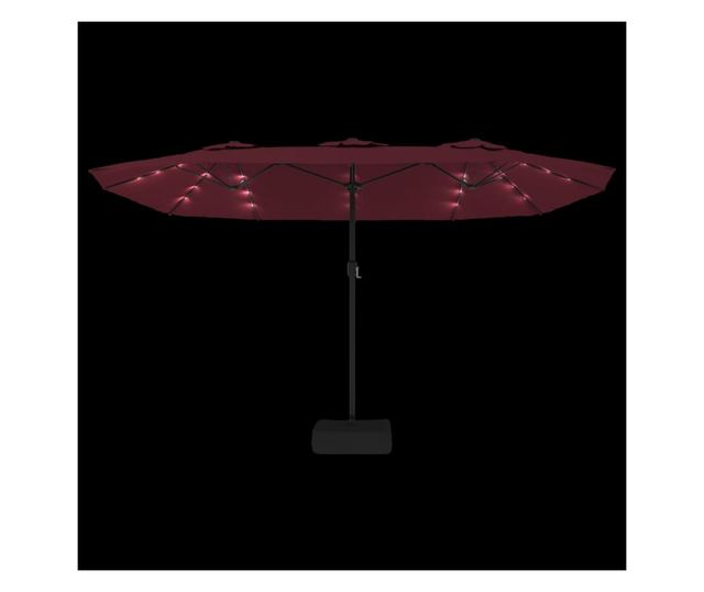 Двоен чадър за двор с LED осветление, бордо червен 449x245 см