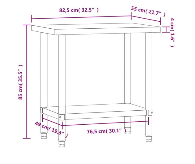 rozsdamentes acél konyhai munkaasztal 82,5 x 55 x 85 cm