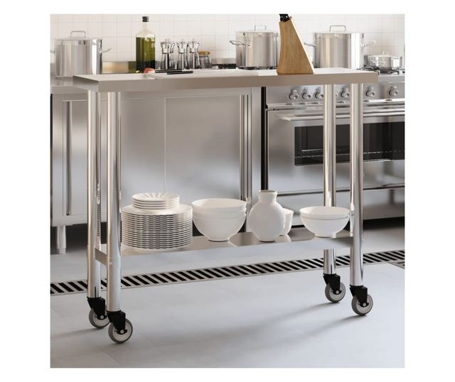 rozsdamentes acél konyhai munkaasztal kerekekkel 110x30x85 cm