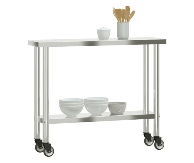 rozsdamentes acél konyhai munkaasztal kerekekkel 110x30x85 cm