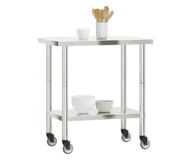 rozsdamentes acél konyhai munkaasztal kerekekkel 82,5x55x85 cm