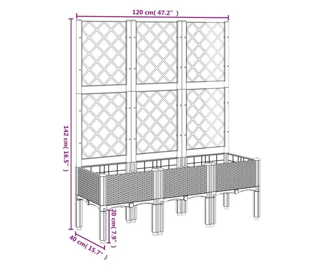 fekete polipropilén rácsos kerti ültetőláda 120 x 40 x 142 cm