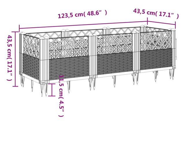 szürke PP kerti virágláda cövekekkel 123,5 x 43,5 x 43,5 cm