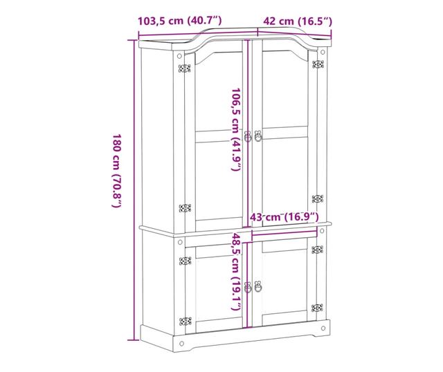 Corona tömör fenyőfa vitrinszekrény 103,5 x 42 x 180 cm