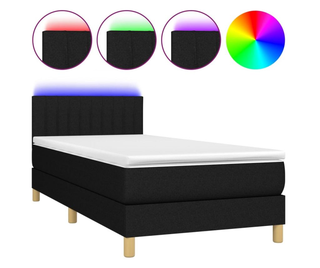 Ágy rugós matraccal és LED-del, fekete, 90x200 cm, textil - 2