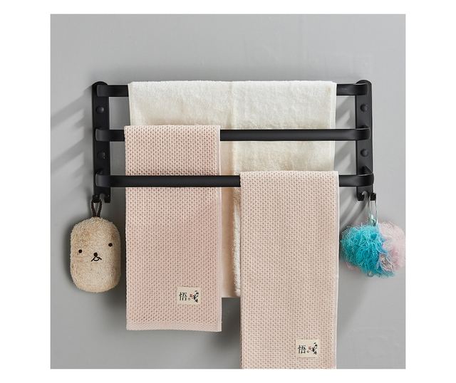 Blackswan Fürdőszobai Törölközőtartó, M13 típus, hármas, matt fekete, akasztókkal, 50 cm