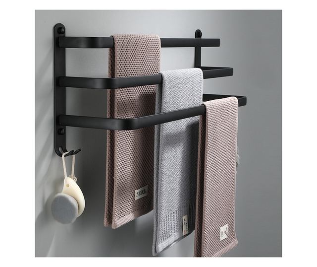 Blackswan Fürdőszobai Törölközőtartó, M13 típus, hármas, matt fekete, akasztókkal, 50 cm