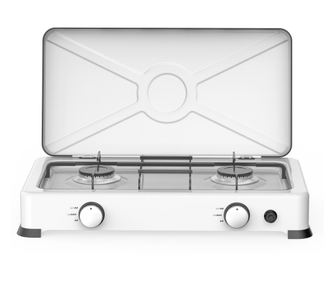Plita dubla pe gaz cu capac Rosberg R51454E2L 2x 2.2 kWh, 30 mbar, Aprindere automata, Alb