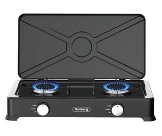 Plita dubla gaz cu capac Rosberg R51454E2 2x 2.2 kWh, 30 mbar, Otel carbon, Negru
