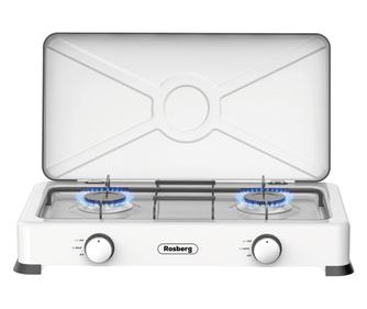 Plita dubla gaz cu capac Rosberg R51454E2 2x 2.2 kWh, 30 mbar, Otel carbon, Alb