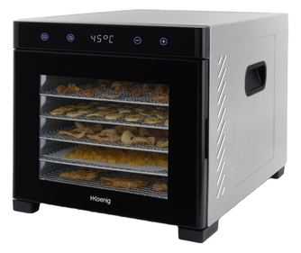 H.Koenig szárító, DSY900, 650W, hőmérséklet 35-70C, légkeverés, érintőképernyő, LED képernyő, 24 órás időzítő, 6 mobil és cserél