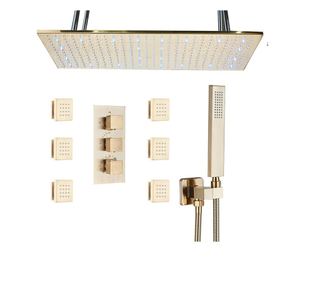 Tuš set, Blackswan, Tip M192, Mat Zlatna, 3-smjerna termostatska miješalica s mlaznicama za masažu i LED rasvjetom, 80 cm