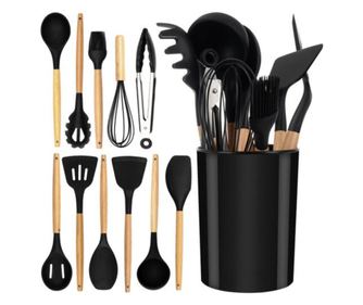 Set ustensile Bucatarie 12 piese Lemn si Silicon Alimentar, Suport Blat, Negru