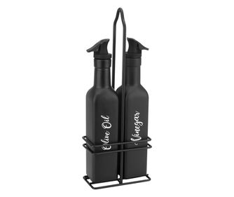 Oliviera 3 piese RAKI VINTAGE BLACK, sticle pentru ulei si otet de 250ml din sticla cu suport metalic, negru