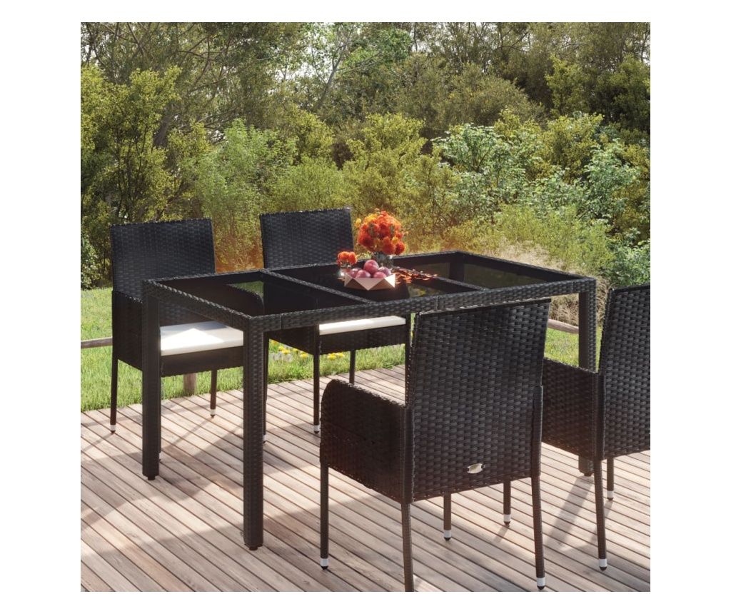 Kertasztal veg asztallappal, fekete, 150x90x75 cm, polirattan