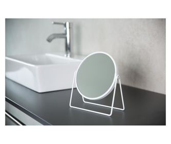 Oglinda machiaj pentru baie din otel inoxidabil, Summer S, stativa, alb, 1:1 sau marire 5X, diametru 16 cm