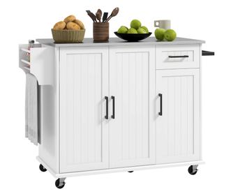 Insula de Bucatarie cu Depozitare, Insula de Bucatarie Rulanta pe Roti cu Sertar, 3 Dulapuri, Blat din Otel Inoxidabil, Raft pen