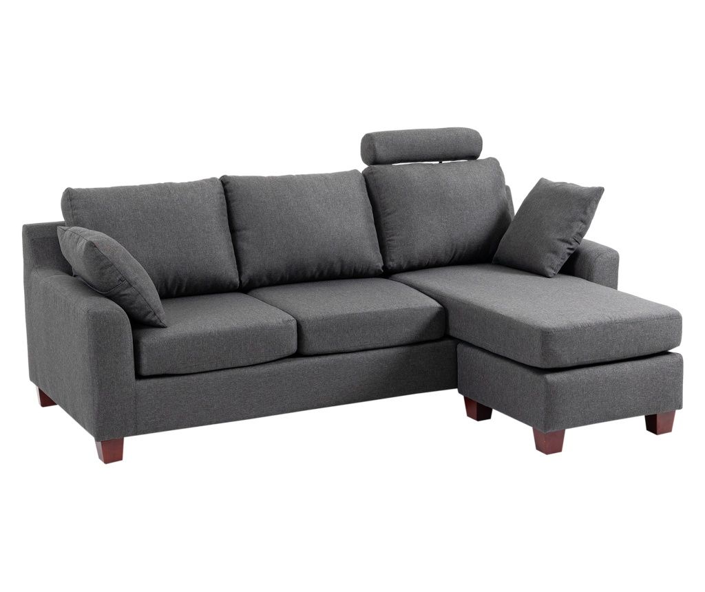 3-Seater Sofa with Ottoman and Linen Fabric Cushion, Dark Grey, 194x80x86cm