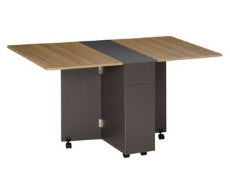 Правоъгълна сгъваема маса за хранене от ПДЧ с 2 чекмеджета, шкаф и 6 колела, макс. 6 човека, 140x76x76 см, кафяв цвят