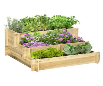 Jardiniera pentru plan de cultivare inaltat pe 3 niveluri din lemn de brad, jardiniera pentru gradina, culoare lemnului pentru l