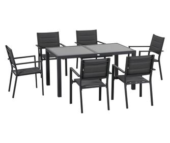 Set de Gradina din Aluminiu 7 Piese cu Masa Dreptunghiulara Extensibila si 6 Scaune de Exterior cu Sezuta din Plasa Respirabila,