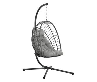 Scaun Balansoar din ratan din PE pentru Exterior cu Perna Groasa Captusita, Scaun Suspendat cu Cos Pliabil pentru Terasa cu Supo