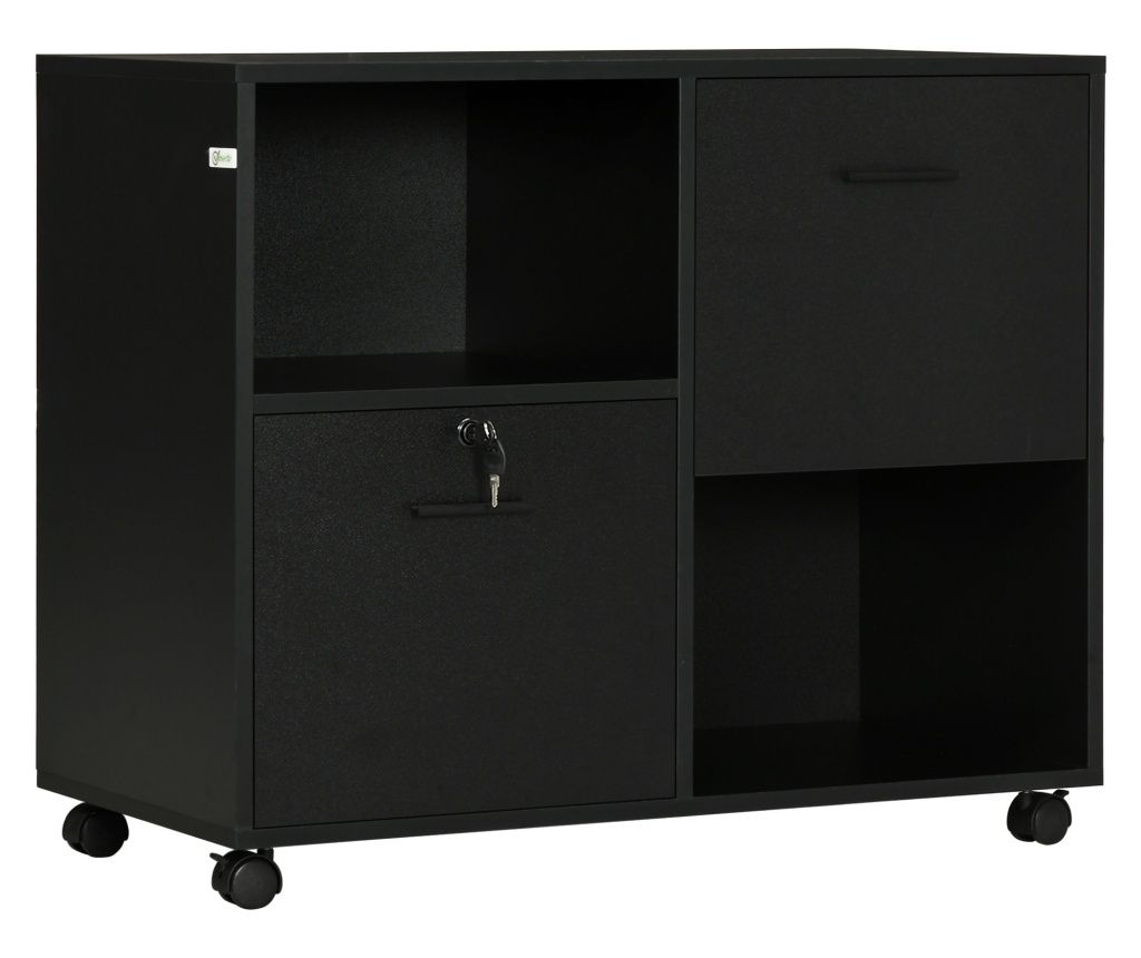 Dulap de Birou cu 2 Sertare pentru Dosare si Rafturi Deschise din PAL, Manere din Otel, Roti cu Blocare, 80x40x66cm, Negru