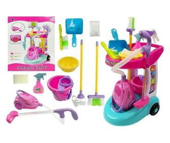 Set carucior de curatenie cu aspirator pentru copii, Cleaning Trolley, cu Accesorii de jucarie, Multicolor, LeanToys, 4827