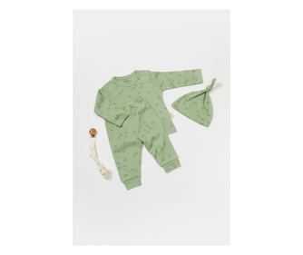 Комплект от 3 части: блуза, панталони и шапка Printed, BabyCosy, 50% модал + 50% памук, Зелено (Размер: 12-18 месеца)