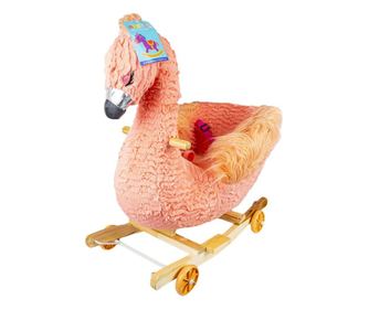 Balansoar pentru bebelusi, Flamingo, lemn + plus, cu rotile, roz, 66 cm