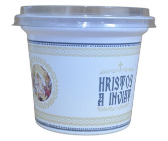 Set 100 buc Pahare de Pasti, Hristos a Inviat, din plastic, cu capac, 250 ml, model icoana
