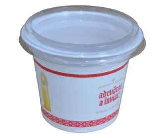 Set 100 kosov plastičnih kozarcev za pijačo, Hristos a Inviat, s pokrovom, 250 ml, model sveča