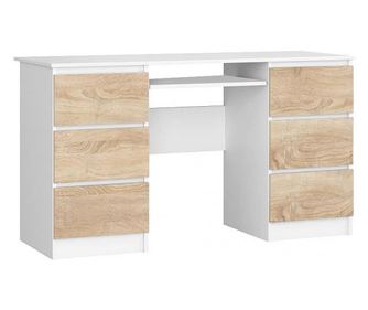 Бюро за компютър, ламинат, 6 чекмеджета, 1 рафт, бяло и дъб, 135x50x77 см