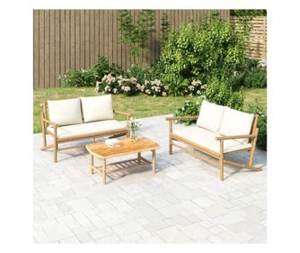 Πάγκος Κήπου με Μαξιλάρια, Εκρού Λευκό, Μπαμπού