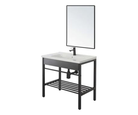 Set mobilier de baie Feridras Black, cu lavoar 61cm, baterie si oglinda