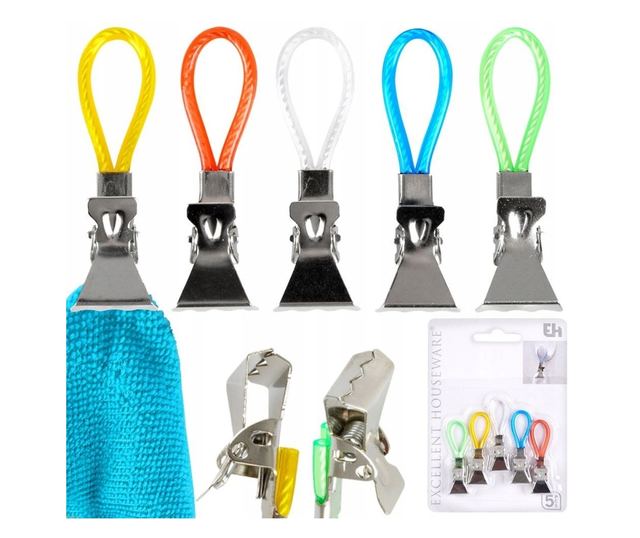 Σετ 10 κλιπ για πετσέτες Excellent Houseware, ανοξείδωτο ατσάλι, 5.5x1.5 εκ., πολύχρωμο