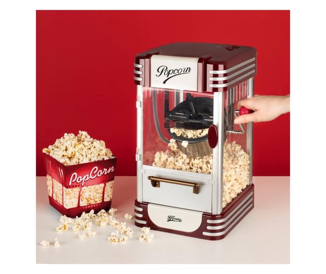 H.Koenig POP330 retro pattogatott kukorica gép, 360 W, 50 g-os edény, rozsdamentes acél, belső világítás, hőmérséklet fenntartás