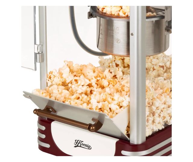 H.Koenig POP330 retro pattogatott kukorica gép, 360 W, 50 g-os edény, rozsdamentes acél, belső világítás, hőmérséklet fenntartás