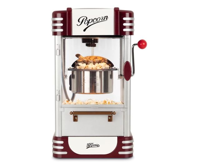 H.Koenig POP330 retro pattogatott kukorica gép, 360 W, 50 g-os edény, rozsdamentes acél, belső világítás, hőmérséklet fenntartás